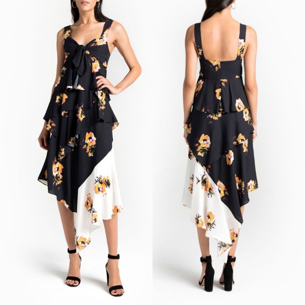 A.L.C. Natalia Ruffled Silk Asymmetrical Floral Cocktail Midi Dress \\ 4